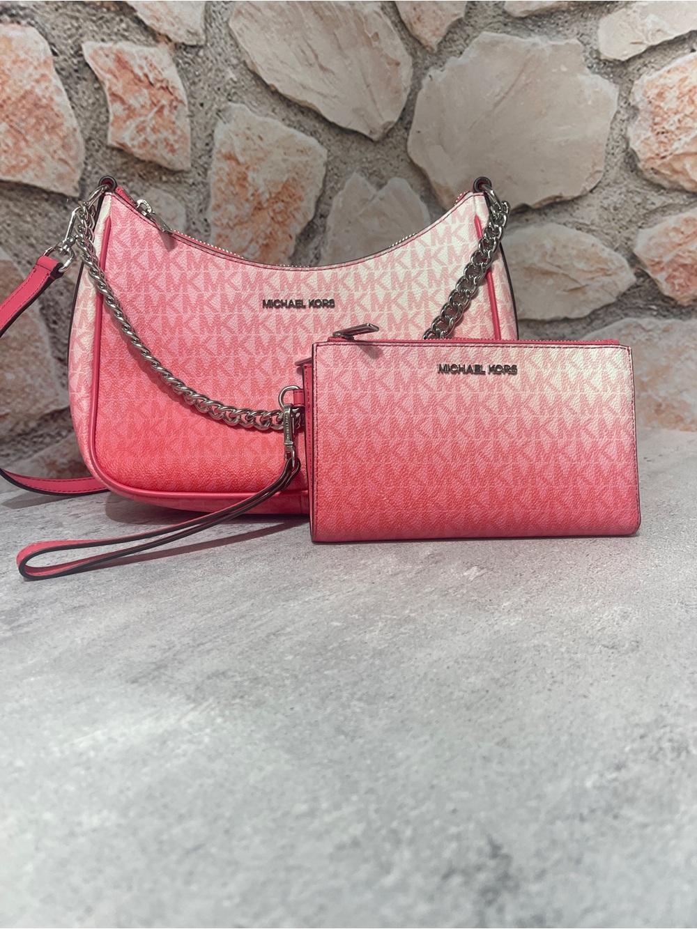 Michael Kors Pink Ombre Chain Crossbody & Matching Wallet Hibiscus